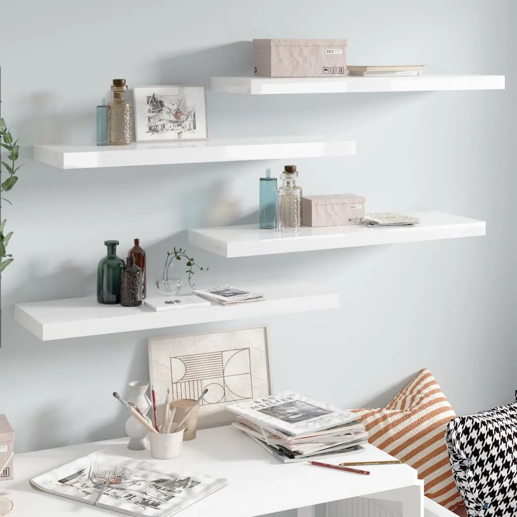 Scaffali A Parete 4 Pz Bianco Lucido 80x23,5x3,8 Cm İn Mdf /
