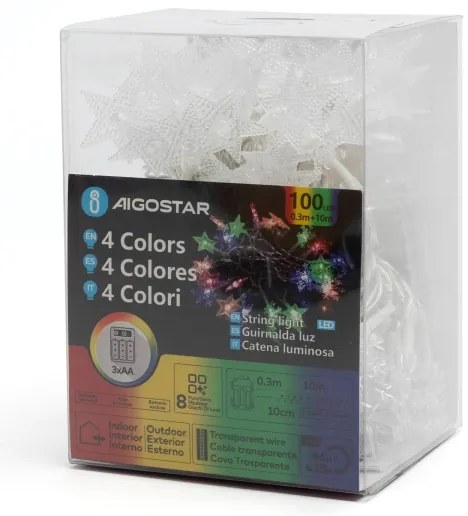 Aigostar - Catena luminosa natalizia da esterno LED RGBY 100 LED, 8 funzioni, 3x AA, 10 m, IP44, a forma di stelle