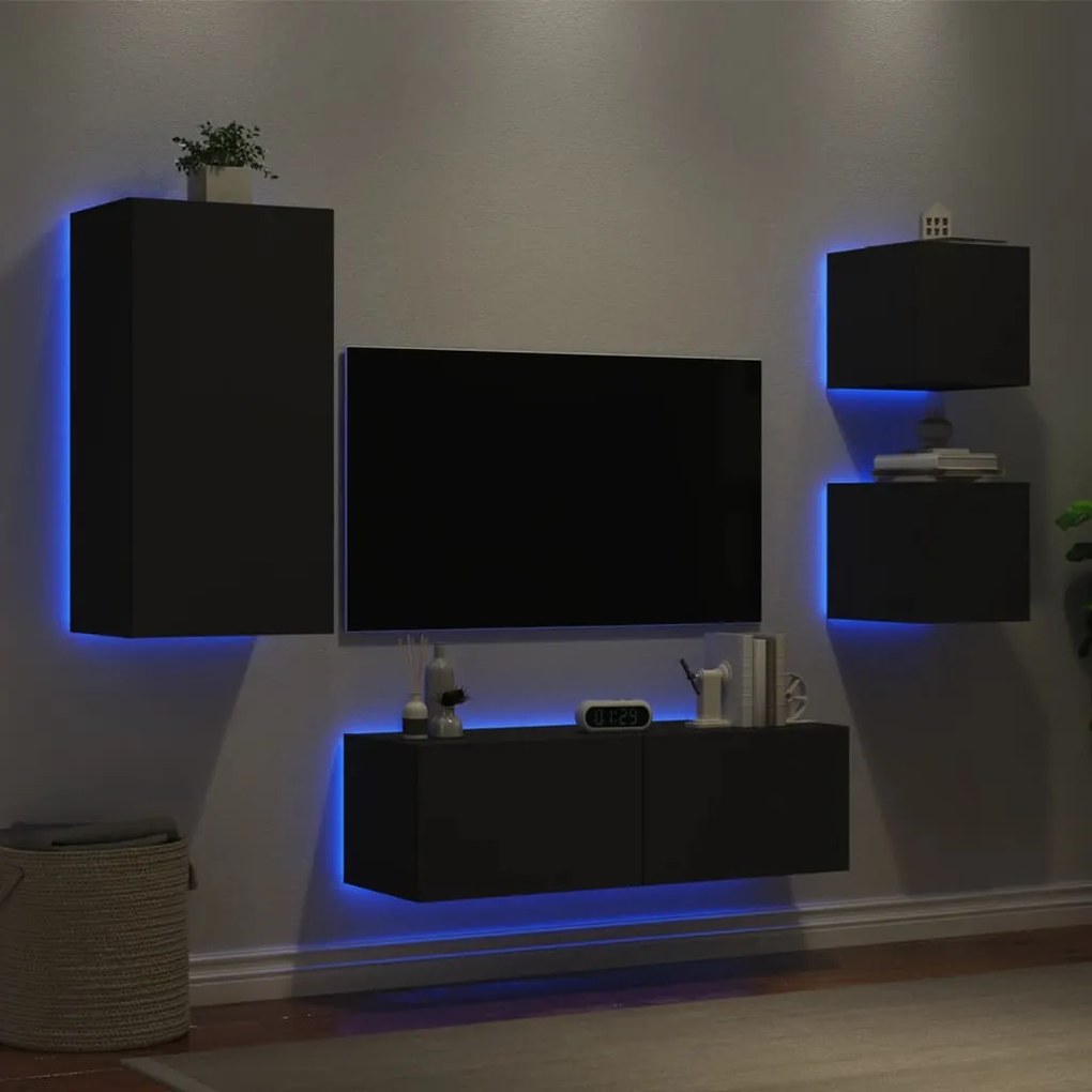 Mobili tv a muro 4pz con luci led neri