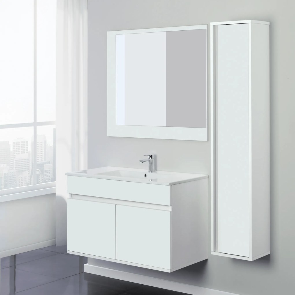 Mobile Bagno Sospeso 90 Cm Due Ante Specchio Feridras "Fabula" Bianco Opaco/Bianco Laccato