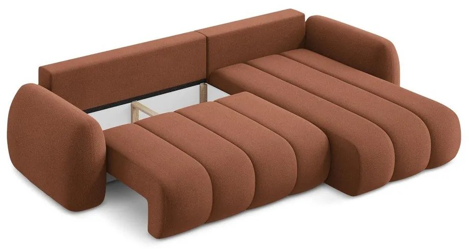 Divano angolare color terracotta allungabile/con contenitore (con penisola a destra/con chaise lounge) con rivestimento in bouclé Pele – Makamii