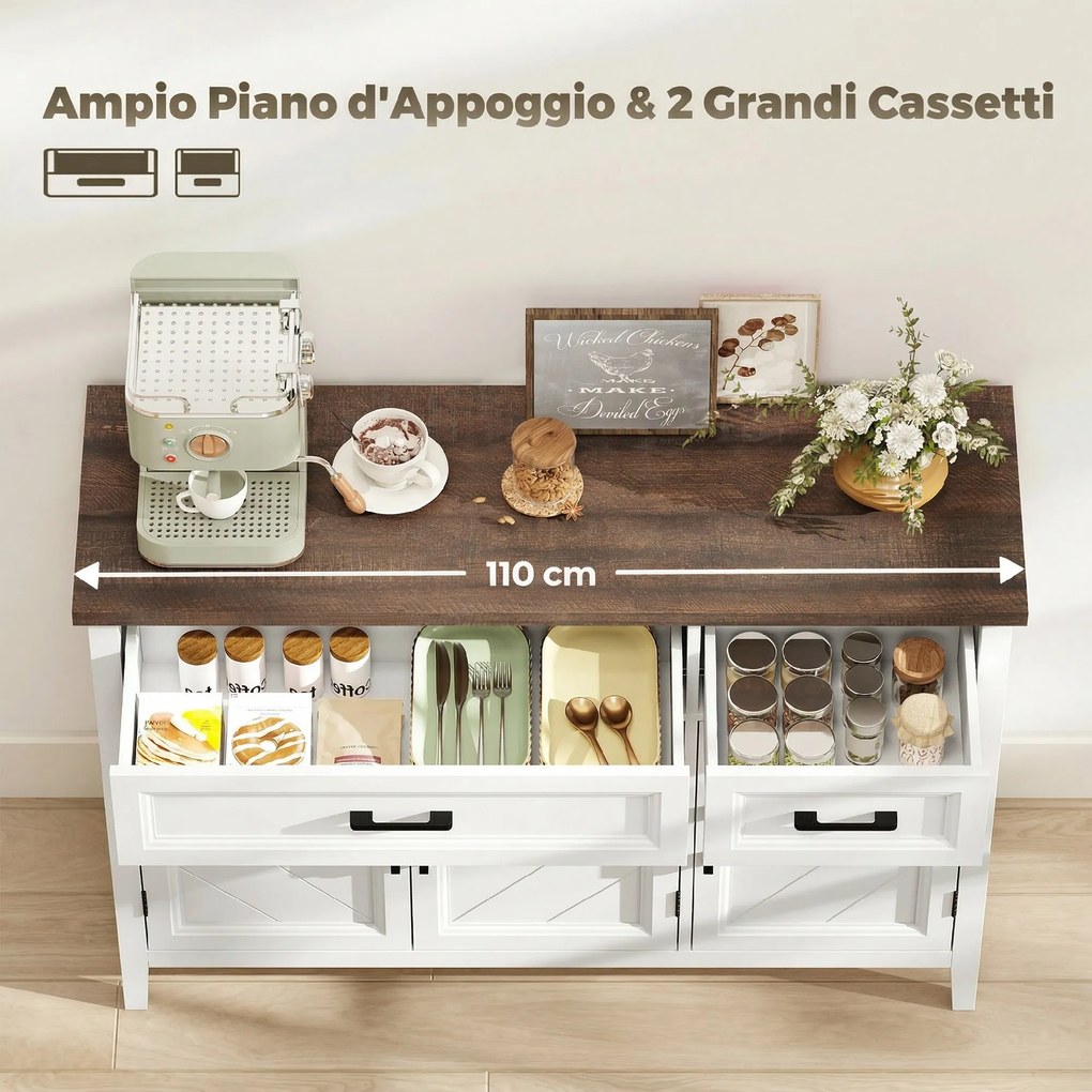 Credenza da Cucina 110x35x80,5 cm con 3 Ante a Fienili 2 Cassetti e 2 Ripiani Regolabili in Legno Bianco...