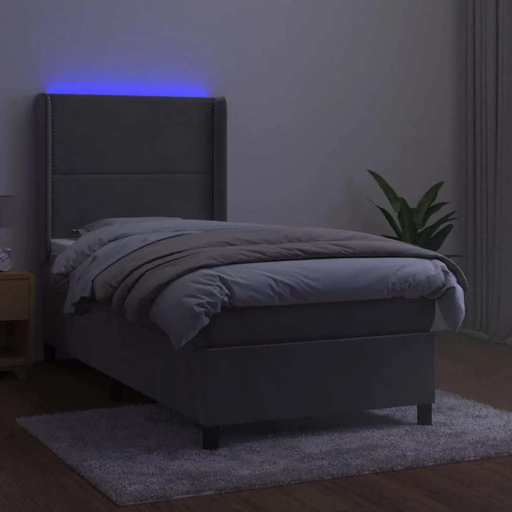 Letto a Molle Materasso e LED Grigio Chiaro 90x190 cm Velluto