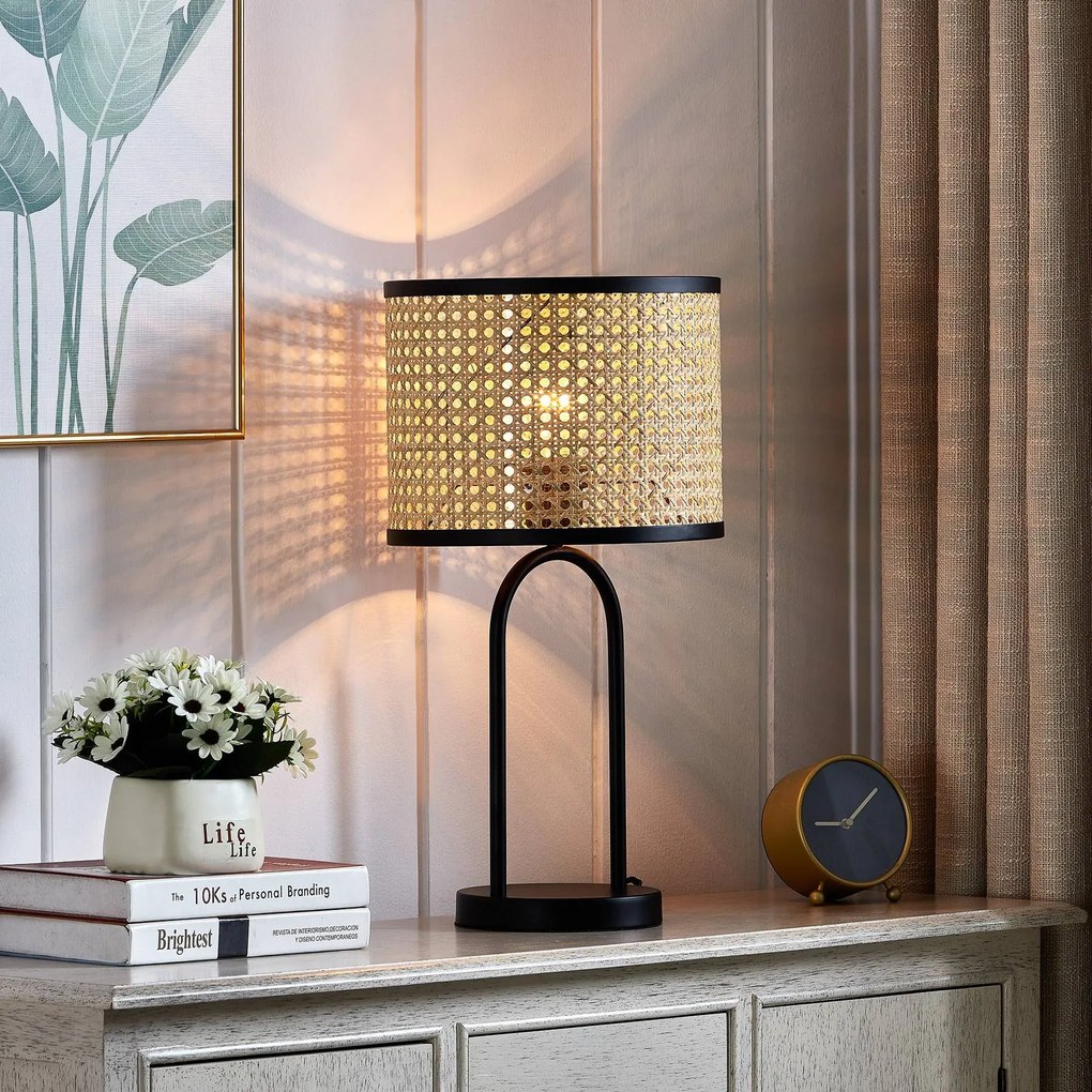 Lampada da tavolo Lindby Yaelle, altezza 50 cm, rattan, nero, E27