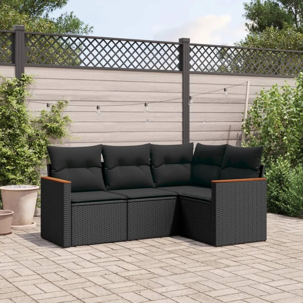 Set divani da giardino 4 pz con cuscini nero in polyrattan