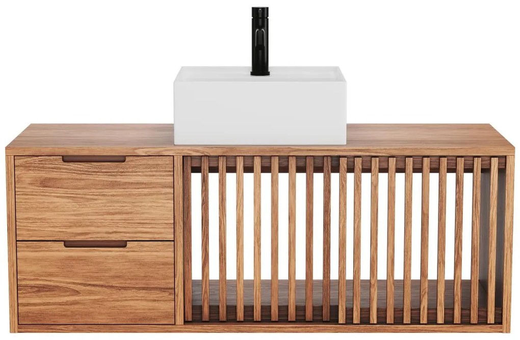 Mobile bagno sospeso con lavabo doppio 120 cm in Teak chiaro - PARNU
