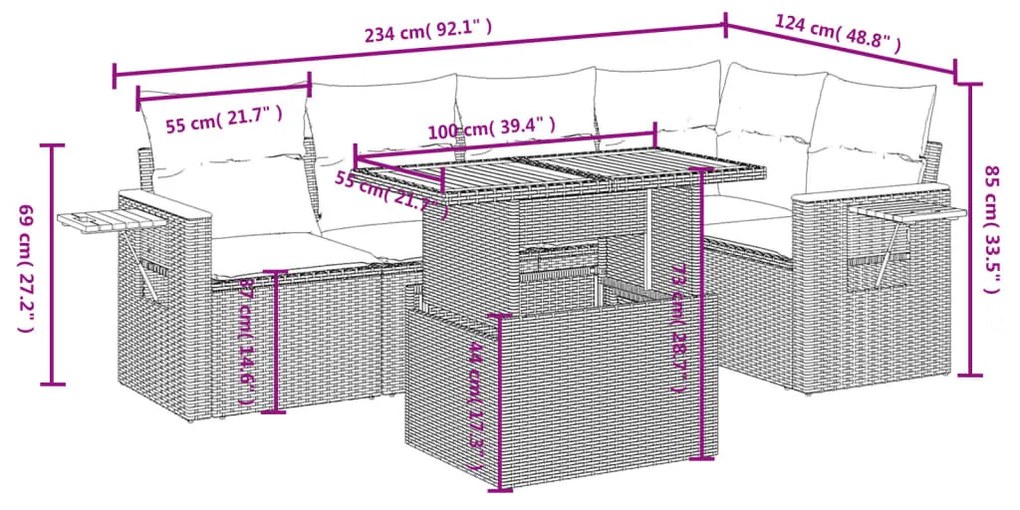 Set Divano da Giardino 6 pz con Cuscini Nero in Polyrattan