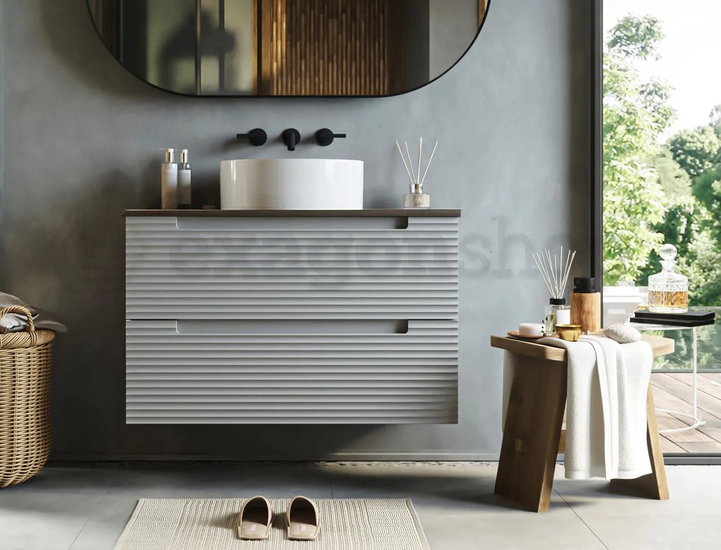 Mobile bagno clear grey 80x45 Mango due cassetti soft close con top noce e lavabo tondo da appoggio in ceramica lucida