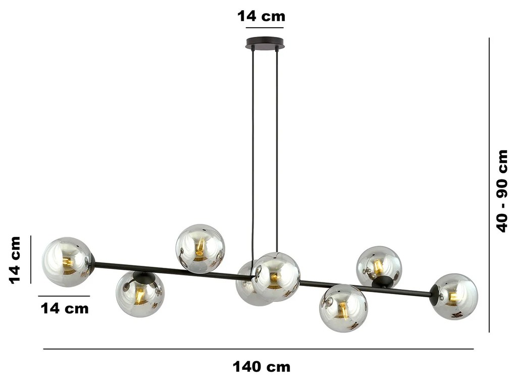 Lampadario Contemporaneo 8 Luci Durga In Acciaio Nero E Sfere In Vetro Fumè