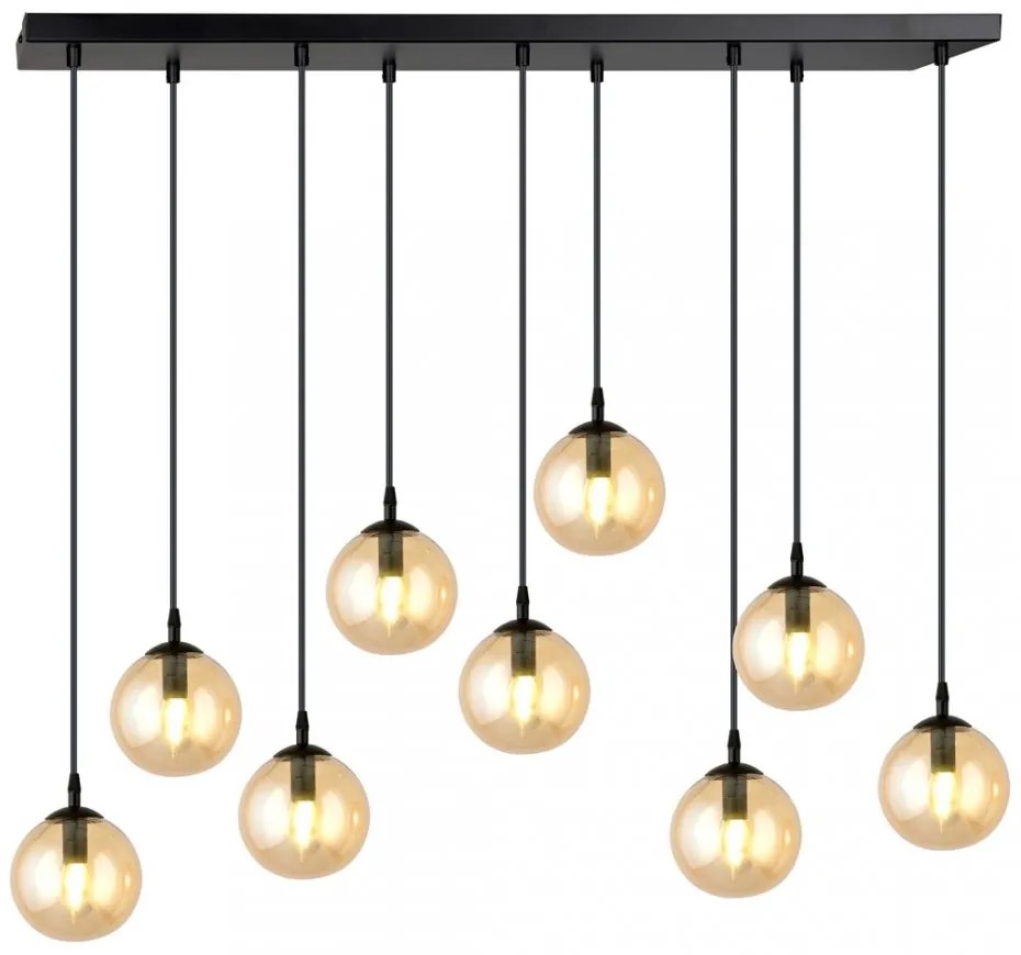 Lampadario a Sospensione in Acciaio e Vetro COSMO 9 Nero 9xE14 Colore delle Sfere Ambrate