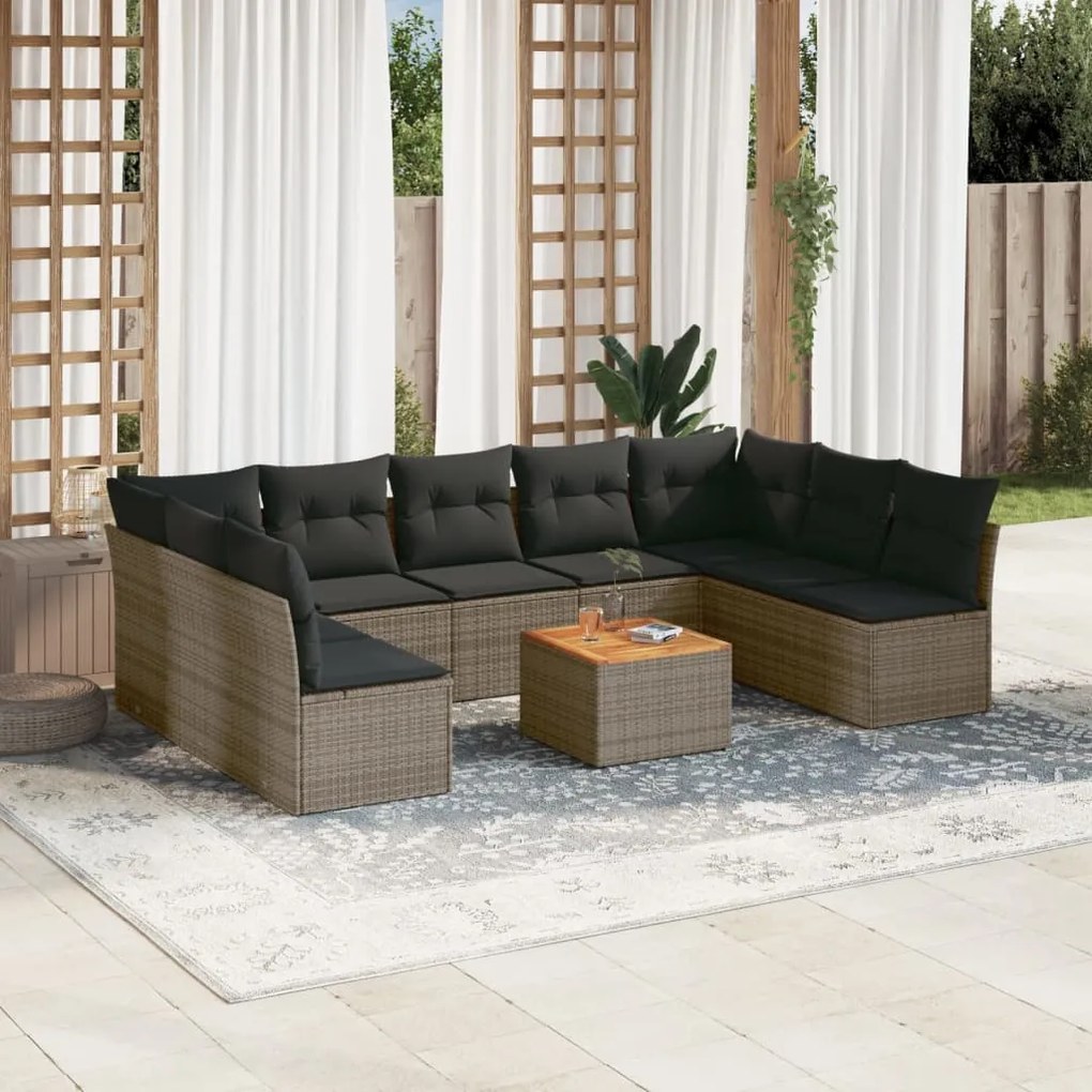 Set divano da giardino 10 pz con cuscini grigio in polyrattan