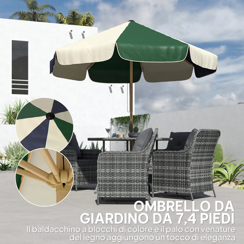 Ombrellone da Giardino Tettuccio a Blocchi di Colore con 8 Stecche UV 30+ con Telaio Effetto Legno Blu Verde e Crema...