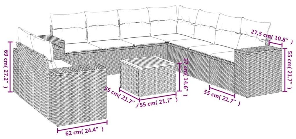 Set Divano da Giardino 10 pz con Cuscini Beige in Polyrattan