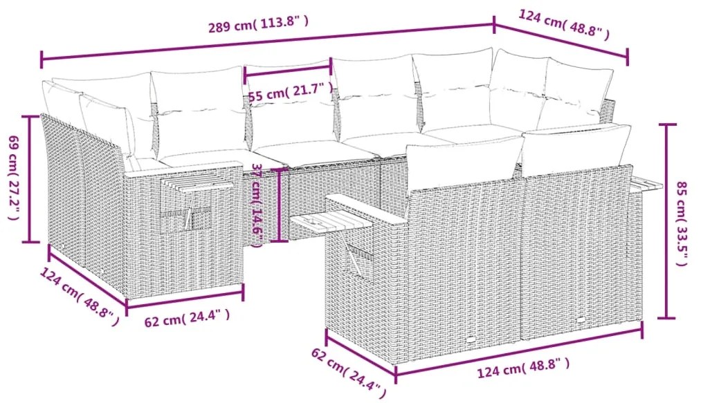 Set Divano da Giardino 9 pz con Cuscini Grigio in Polyrattan