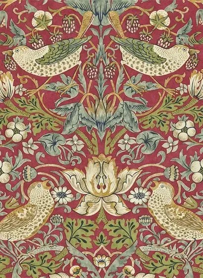Morris & Co Carta da parati Strawberry Thief - Crimson/ Slate