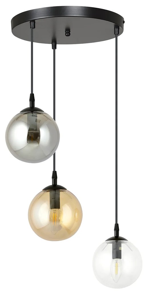 Sospensione 3 Luci Kali In Acciaio Nero Base Tonda E Sfere In Vetro Multicolor