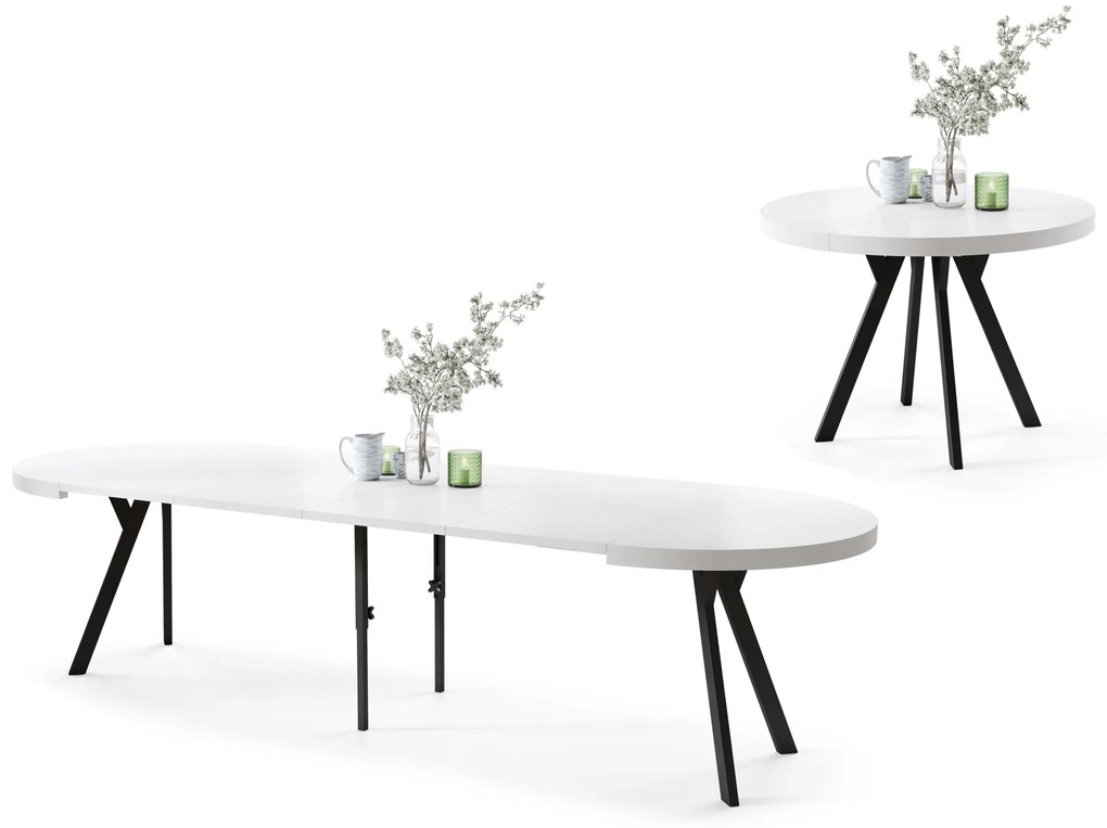 EXPANSO Bianco Opaco/gambe nere – TAVOLO ROTONDO GRANDE Ø110 ALLUNGABILE FINO A 310 cm CON GAMBE A Y STILE LOFT/INDUSTRIALE