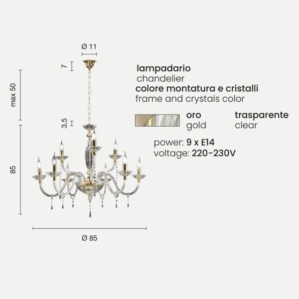 Lampadario FIAMMA in cristallo e vetro trasparente finitura oro D85 cm 9 LUCI