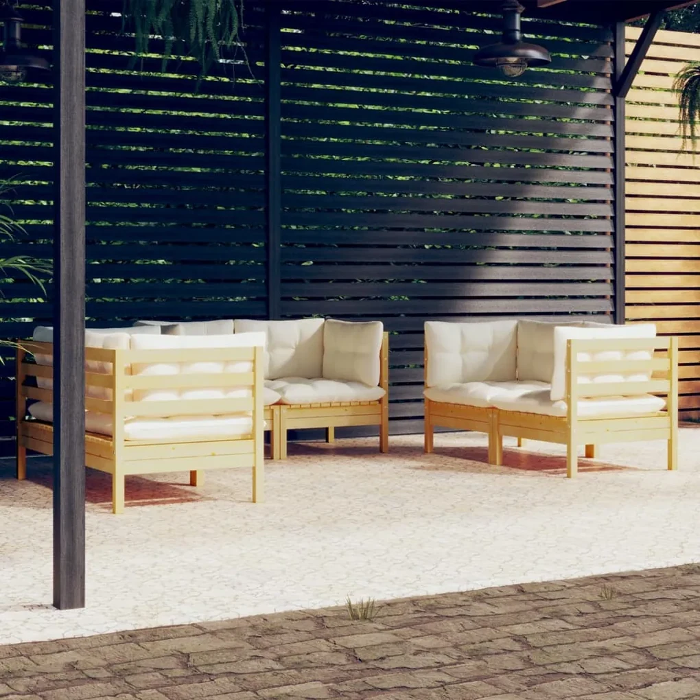 Set divani da giardino 6 pz con cuscini crema in massello di pino