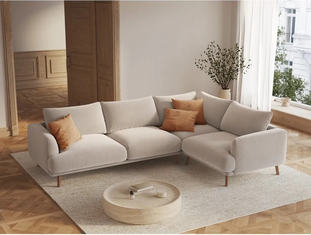 Divano angolare beige (con penisola a destra/a L) con rivestimento in velluto Naomi – Micadoni