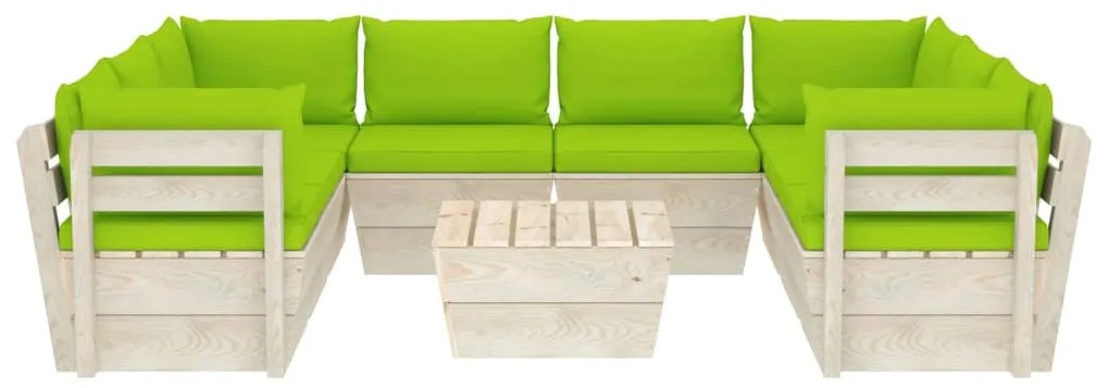 Set Divani da Giardino su Pallet 9 pz con Cuscini Legno Abete