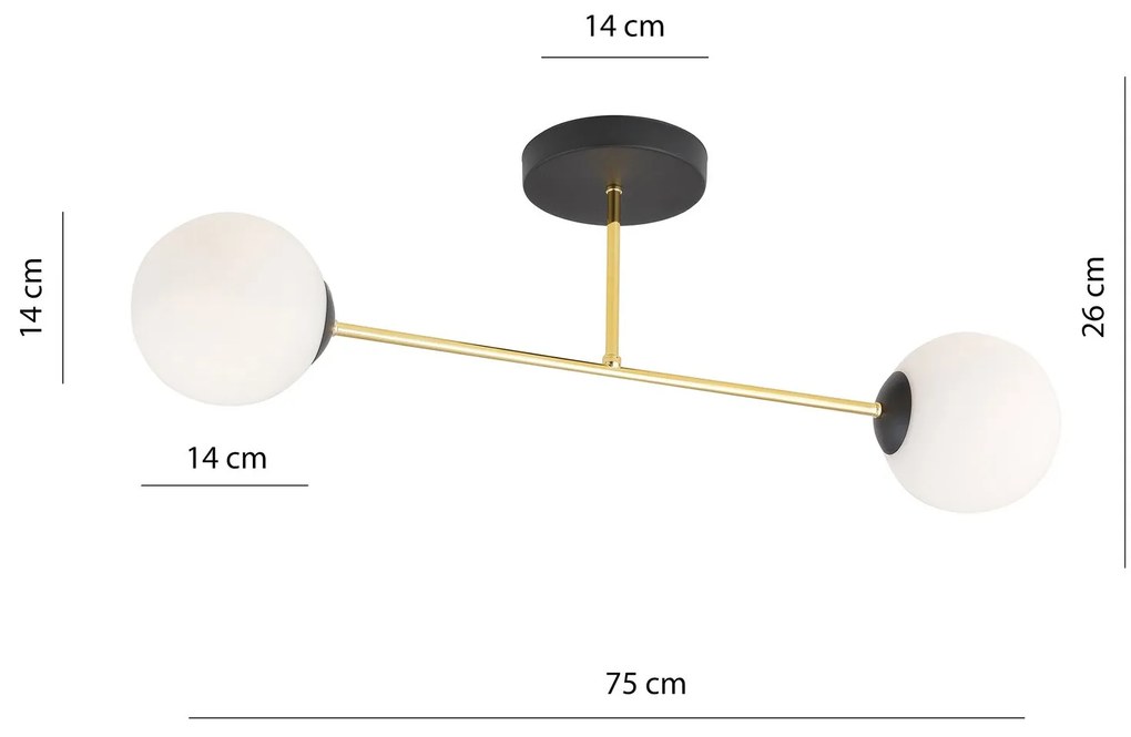 Plafoniera Moderna Magnium 2 Luci In Acciao Nero Oro E Sfere In Vetro Bianco