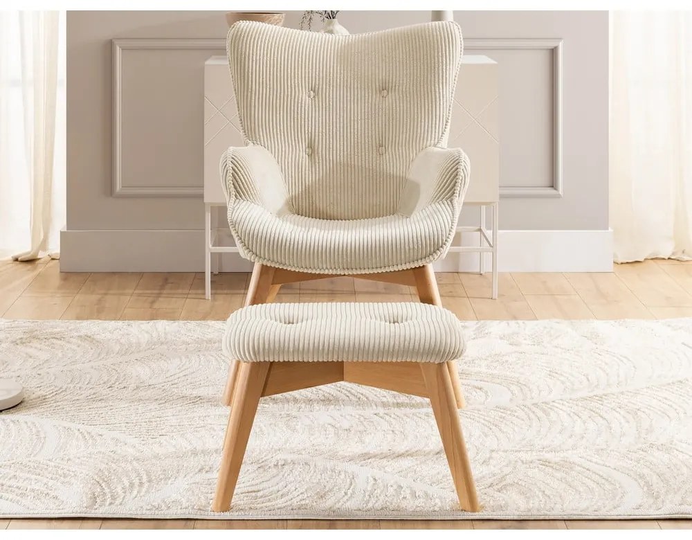 Poltrona con poggiapiedi beige con rivestimento in velluto a coste Niko – Ropez