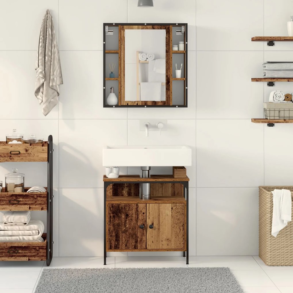Set di mobili da bagno 2 pezzi in legno vecchio in legno ingegnerizzato