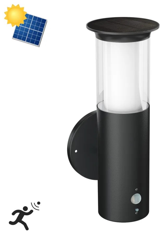 Applique Solare Nera in Acciaio, con Sensore di Movimento, IP54 Colore Bianco Naturale 4.000K