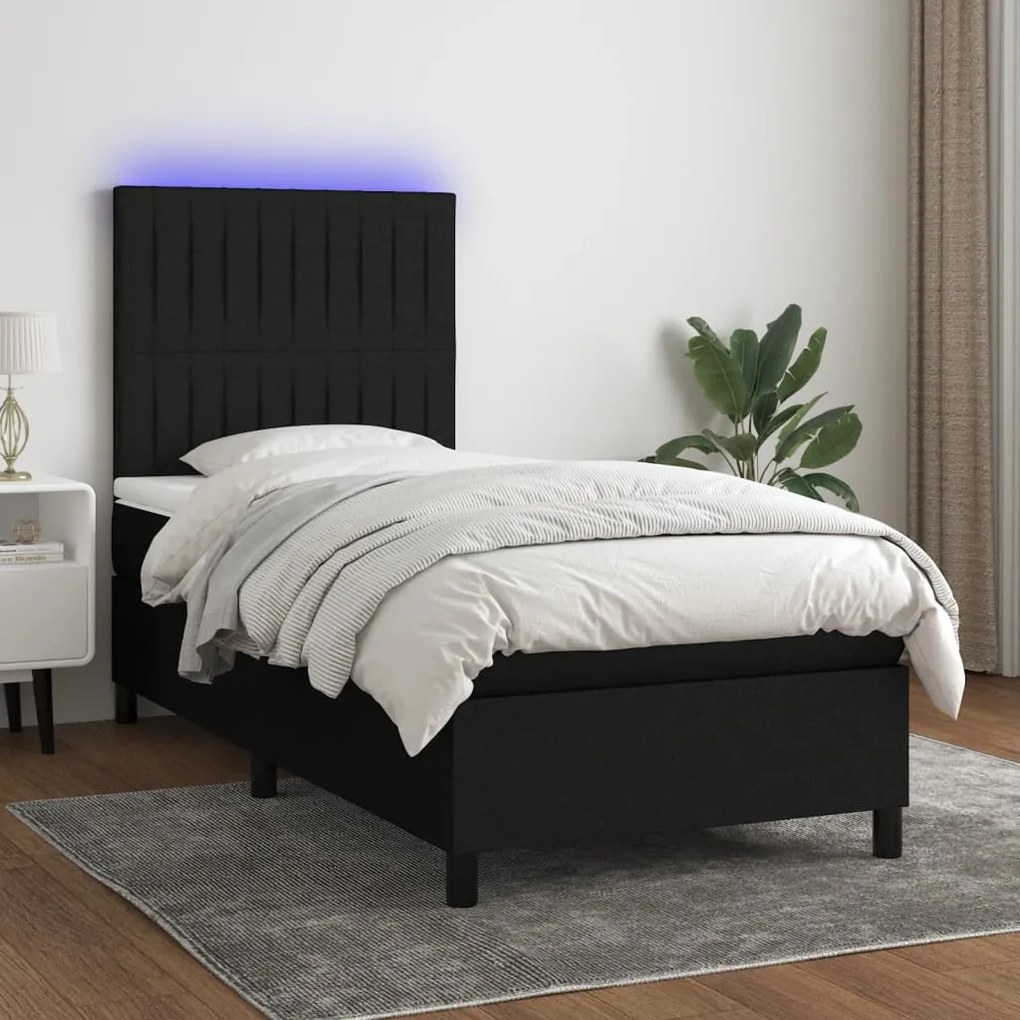 Letto a molle con materasso e led nero 90x200 cm in tessuto