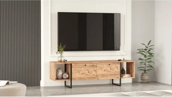Mobile TV Da Terra 160 Cm Stile Industrial Con Ante A Ribalta Icaro Rovere