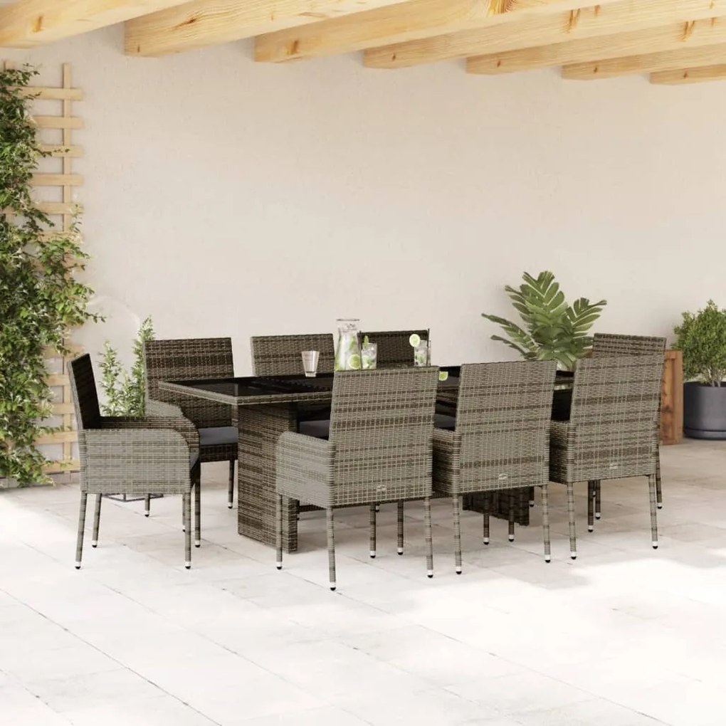 Set da pranzo da giardino 9 pz con cuscini in polyrattan grigio