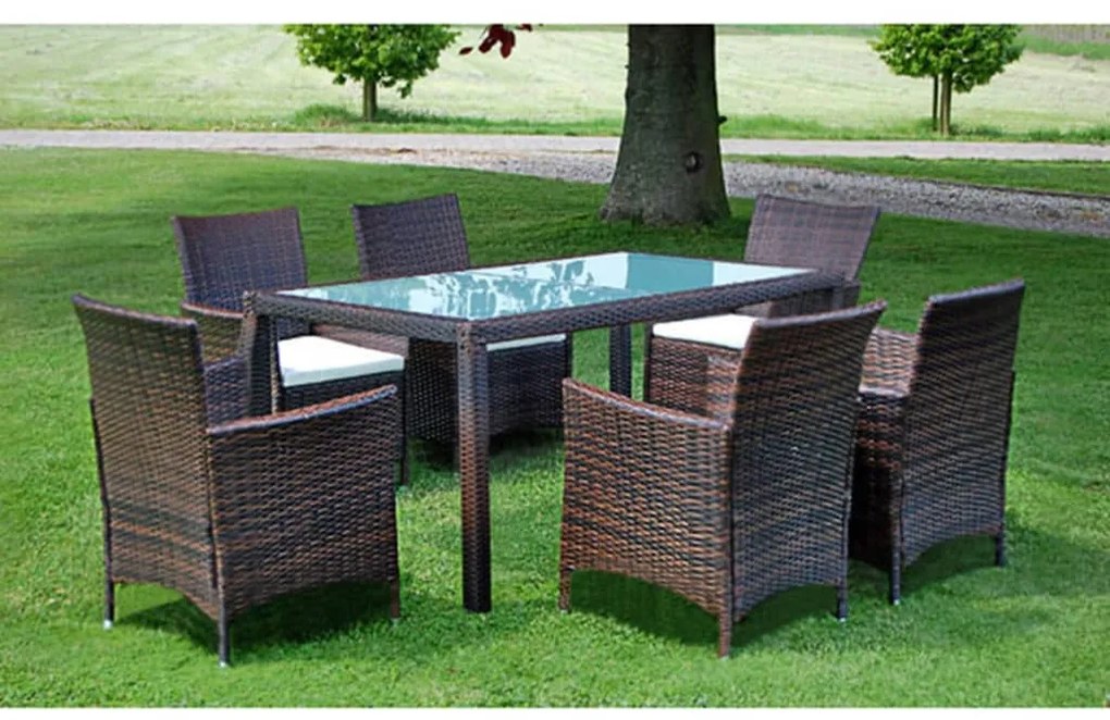 Set da pranzo da giardino 7 pz con cuscini polyrattan marrone