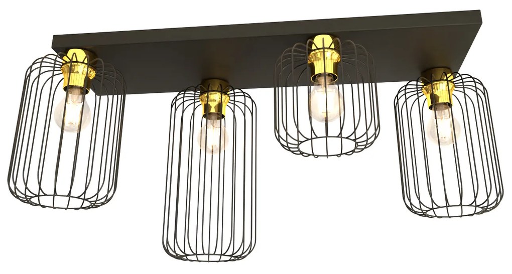 Plafonriera Minimal Industrial Vulcano 4 Luci Lineari Nera E Oro