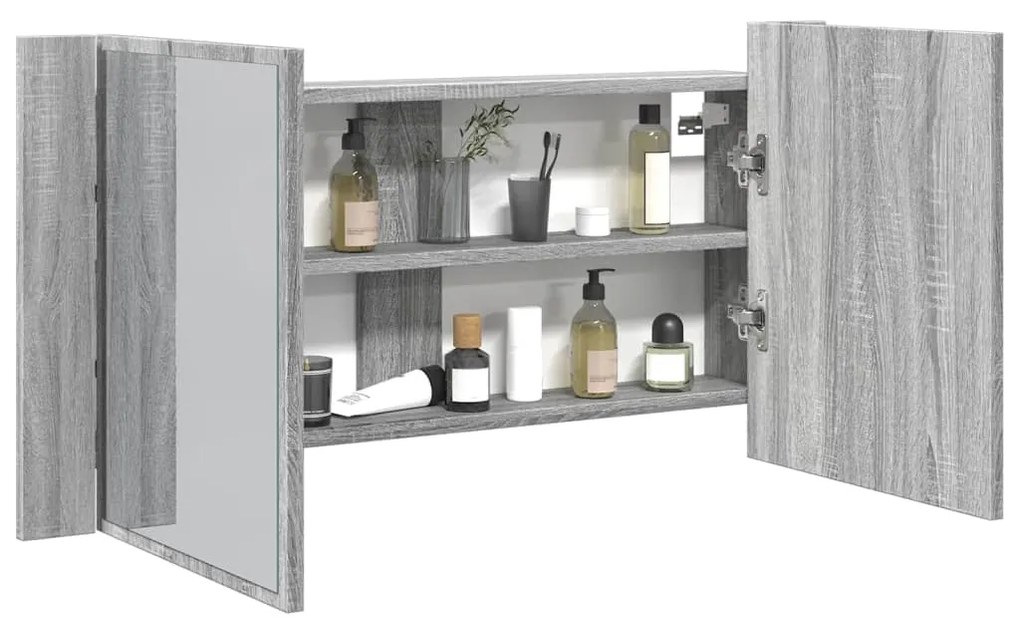 Armadietto A Specchio Con Led Grigio Sonoma 90x12x45cm Acrilico /