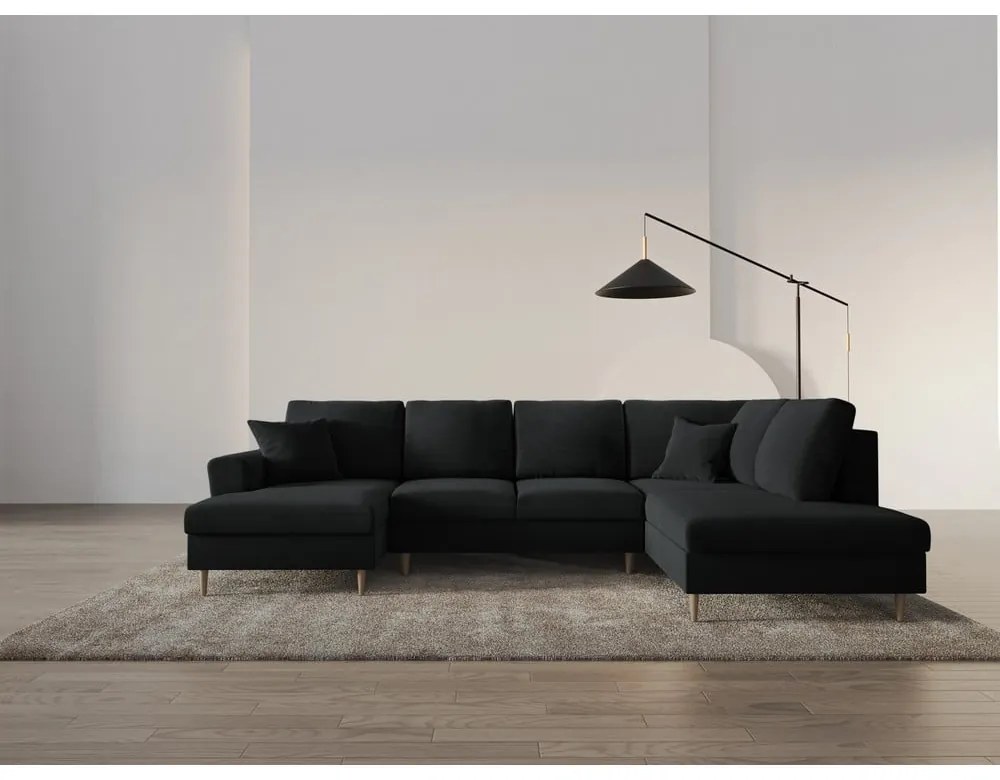 Divano angolare nero allungabile e con contenitore (con penisola a destra/a U) con rivestimento in velluto Kyoto – Cosmopolitan Design