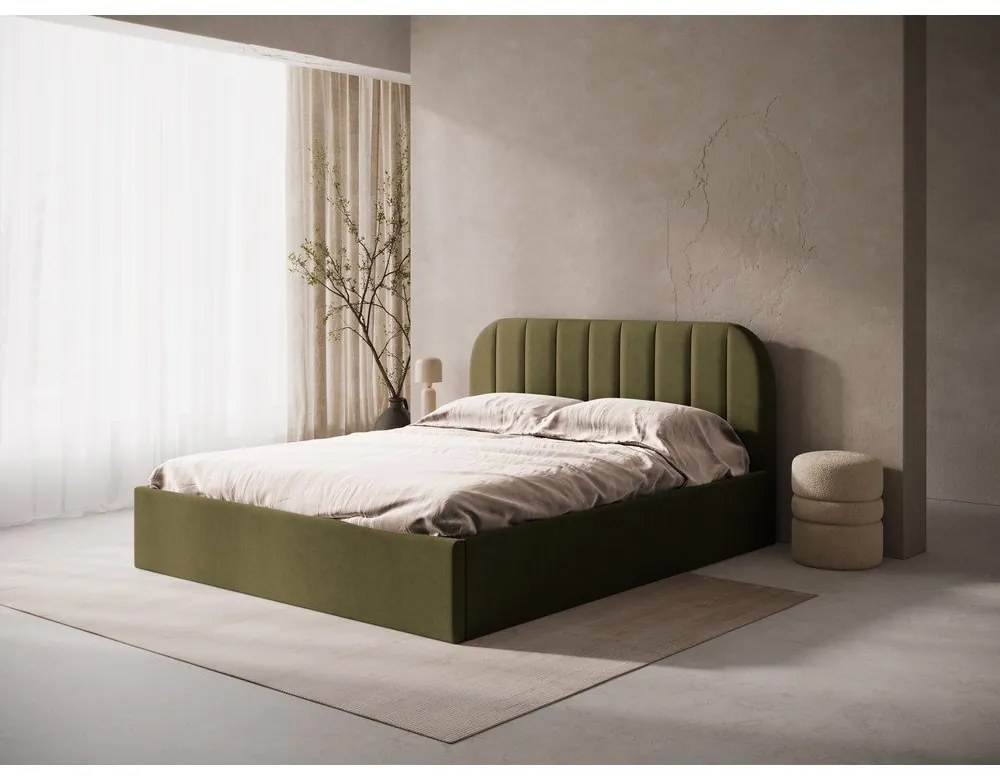 Letto matrimoniale imbottito verde con contenitore/senza testiera con rete inclusa 160x200 cm Susan – Micadoni