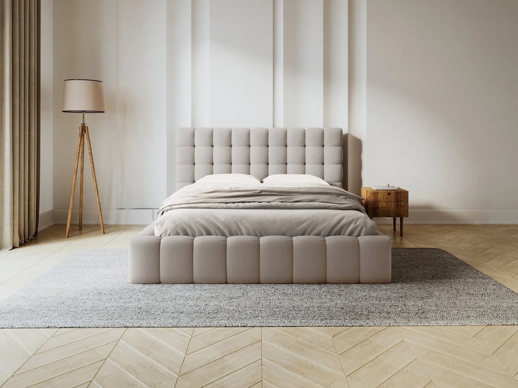 Letto matrimoniale Mamaia in tessuto strutturato Neve con contenitore e testiera - 140x200 cm