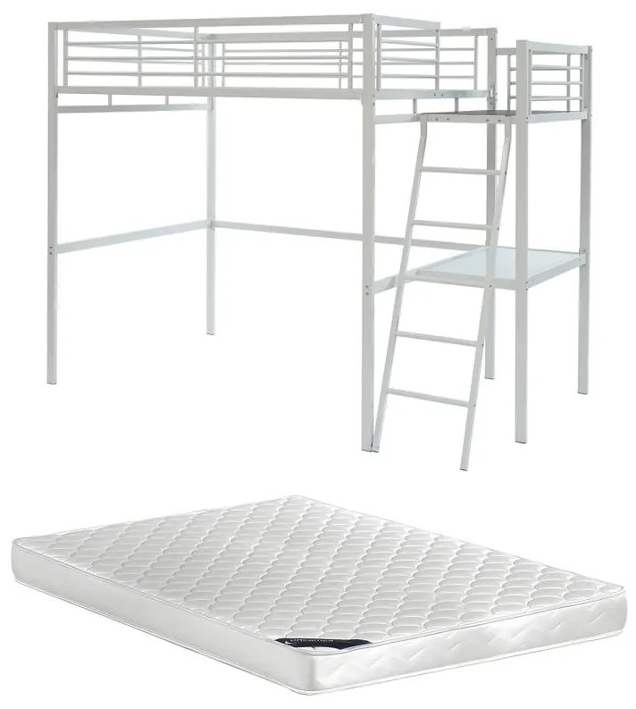 Letto a soppalco con piano scrivania 140 x 190 cm Bianco + Materasso - CASUAL II