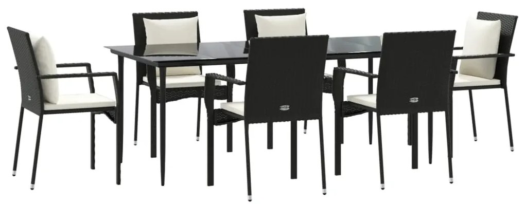 Set da pranzo da giardino 7 pz nero con cuscini in polyrattan