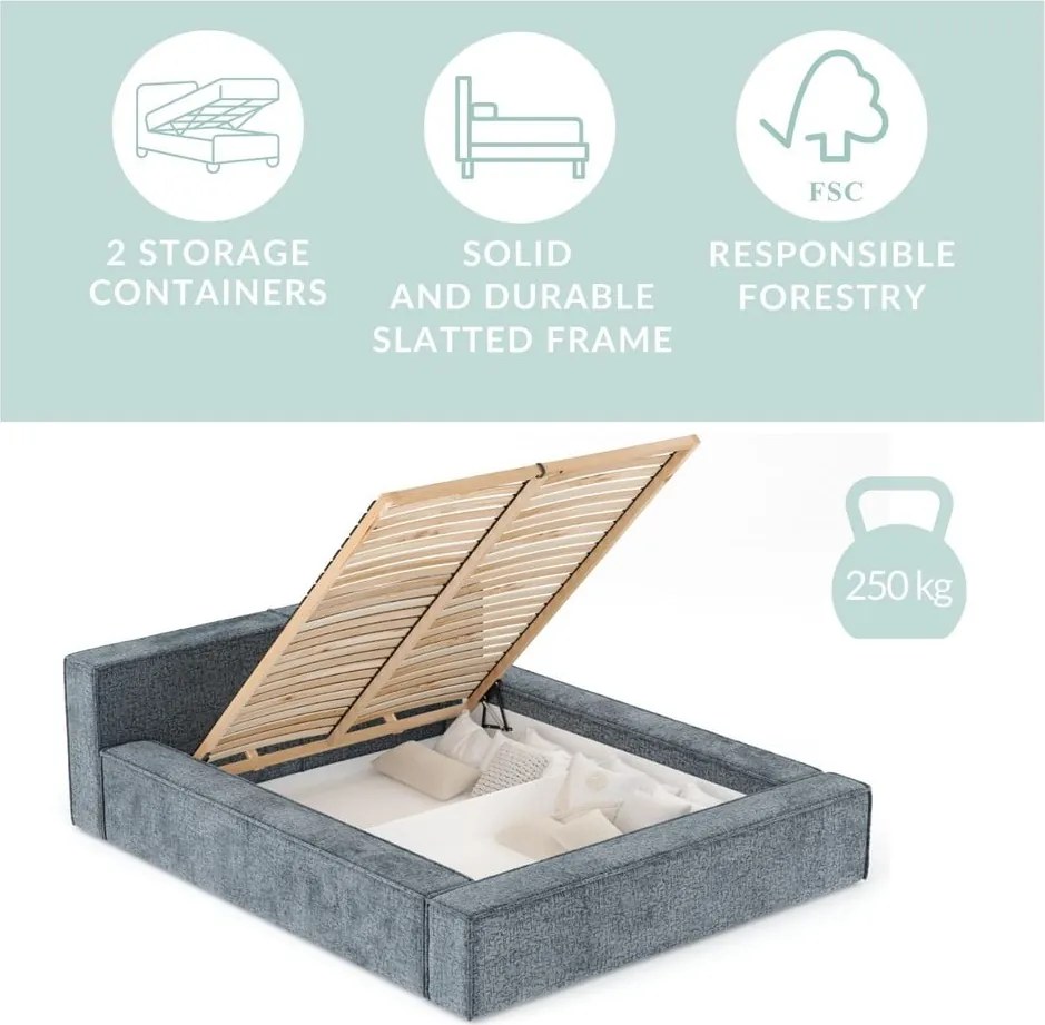 Letto matrimoniale imbottito blu polveroso con contenitore e rete inclusi 180x200 cm Voliera – Maison de Rêve