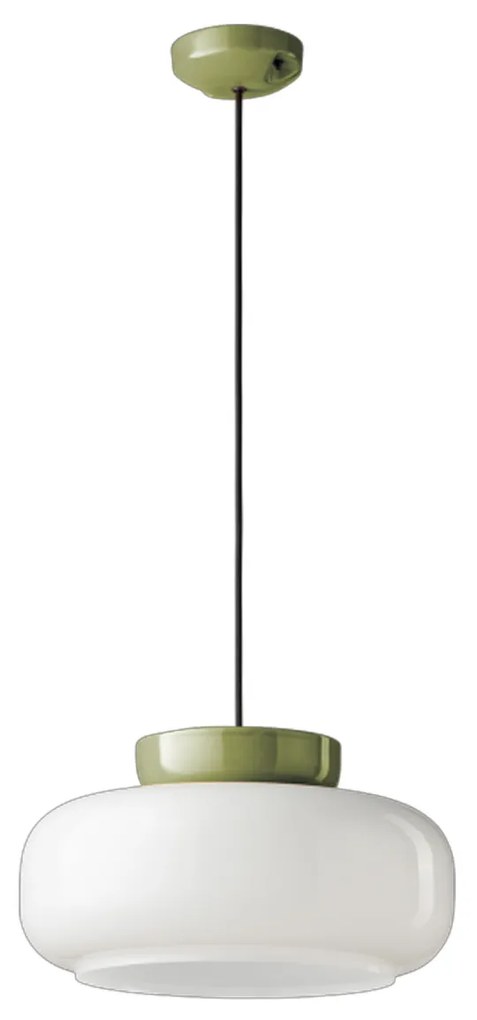 Sospensione Vintage Decò Maracana Vetro-Ceramica Bianco Verde Salvia 1 Luce E27