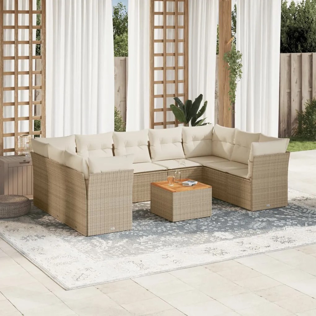 Set divano da giardino 10 pz con cuscini beige in polyrattan