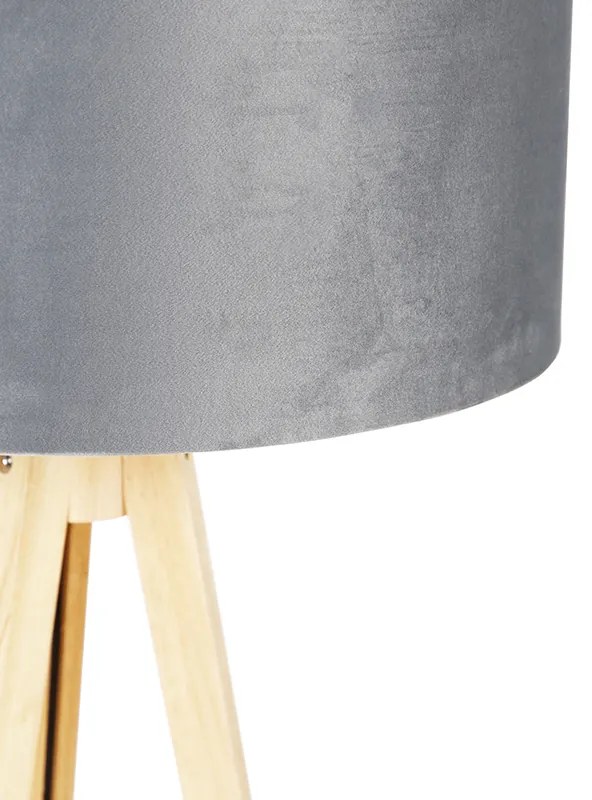 Lampada da terra in legno con paralume in tessuto grigio 50 cm - Tripod Classic