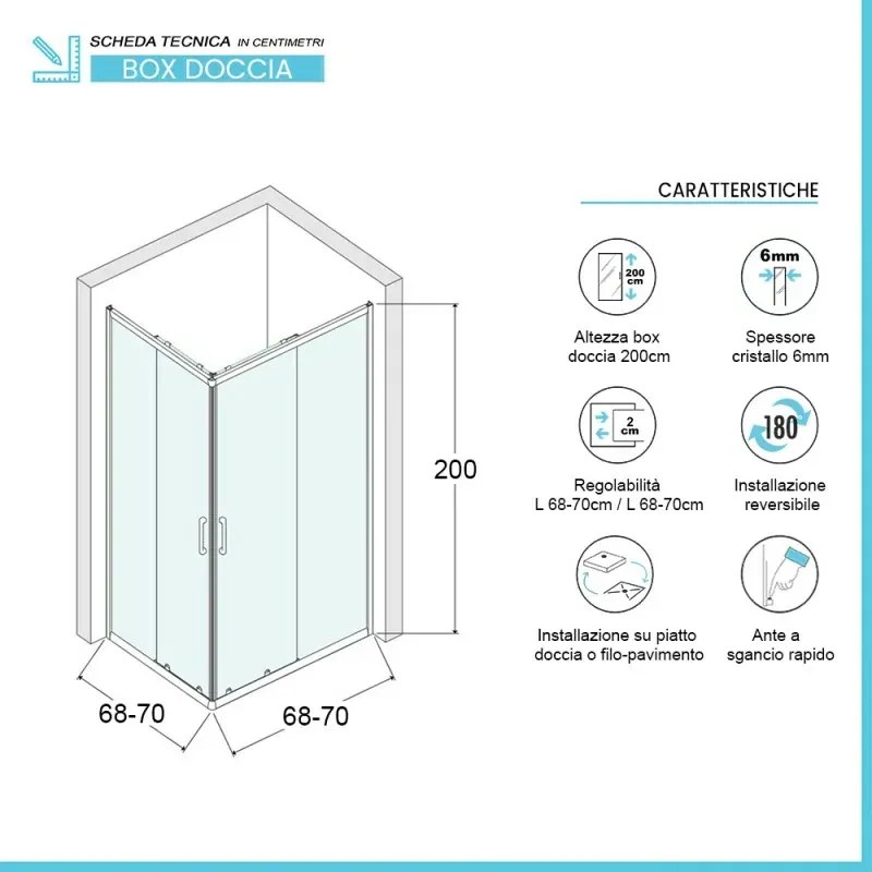 Box doccia angolare 70x70 cm doppio scorrevole in cristallo trasparente Ted