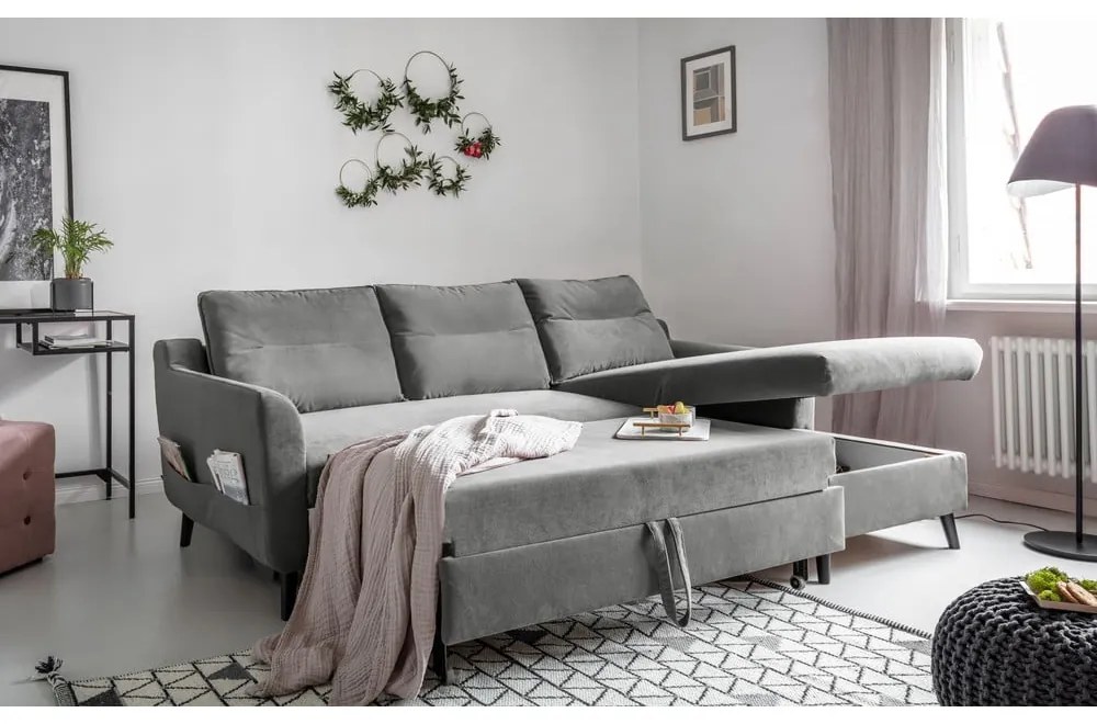 Divano letto angolare in velluto grigio chiaro, angolo destro Stylish Stan - Miuform