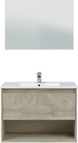 Mobile Bagno Sospeso 80 cm Con Lavabo Specchio Vano Giorno E Cassettone Rovere Alaska VAN