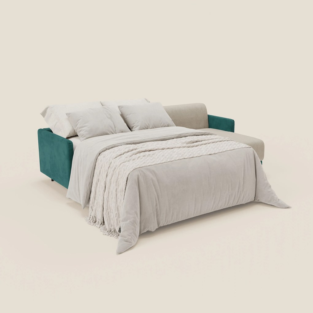 Narciso divano letto angolare con materasso alto 18 cm e penisola contenitore in tessuto bicolore impermeabile T11 e T06 petrolio - panna