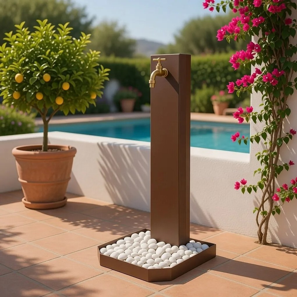 Fontana da Giardino Design a Colonna Ovale Rubinetto in Ottone e Base con Ciottoli Corten...