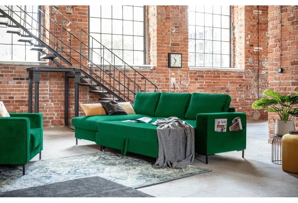 Divano letto angolare in velluto verde, angolo sinistro Lofty Lilly - Miuform